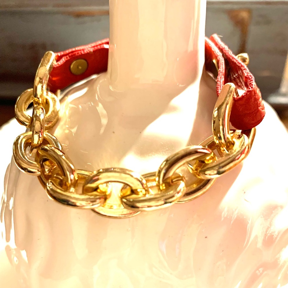 Gold Chain Bracelet with Red Leather Band
